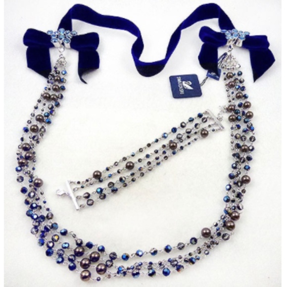 Swarovski Crystal Chains Blue Velvet Necklace Bracelet Set